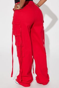 Available In Red And Black. Wide Leg Fit Zipper & Button Front Closure Functional Side Cargo Pockets Functional Front Pockets Non-Stretch Twill 33" Inseam 98% Cotton 2% Other Fibers Imported | Golden Hour Wide Leg Cargo Pant in Red size Medium by Fashion Nova Red Straight Leg Cargo Pants With Pockets, Red Straight Leg Cargo Pants, Red Wide Leg Cargo Pants For Fall, Red Cargo Bottoms For Spring, High Waist Red Cotton Cargo Pants, Red Cargo Pants With Pockets For Spring, Casual Red Pants With Belt Loops, Red Cotton Pants With Belt Loops, Trendy Red Cargo Pants For Fall