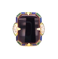 An Art Deco ring in 14ct yellow gold with blue and green enamel with central rectangular onyx and round brilliant cut diamond on either side.  Size K and can be resized.  Very minor wear to some enamel commensurate with age. Luxury Enamel Ring With Polished Finish, Elegant Enamel Ring With Inlay, Luxury Enamel Inlaid Jewelry, Elegant Yellow Gold Enamel Signet Ring, Elegant Enamel Signet Ring, Elegant Formal Enamel Signet Ring, Art Deco Yellow Gold Enamel Ring For Formal Occasions, Luxury Formal Enamel Ring With Gemstone, Formal Luxury Enamel Ring With Gemstone