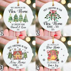 four christmas ornament designs for the first christmas in our new home, last christmas in our house, and next christmas in our home