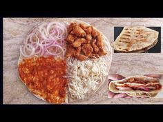 there are different types of food on the plate and in this picture you can see chicken, rice, tomato, onion, pita bread