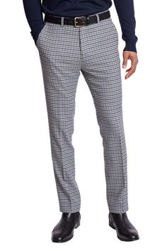 These slim-fit pants in blue-white houndstooth have welt pockets on the back and slant pockets on the front. Made of a poly-cotton stretch blend for additional comfort and mobility. With its neutral color, it is easy to pair it with any top or its matching slim-fit Ashton Peak jacket.PRODUCT DETAILS: style 6396P slim-fitting suit pant slant front pockets welt back pockets 32-inch inseam with finished hem 1.5-inch hem let-down allowance 16-inch leg opening poly-cotton stretch blend dry clean only Classic Houndstooth Pants For Business Casual, Fitted Trousers With Houndstooth Pattern, Fitted Houndstooth Trousers, Fitted Tapered Leg Pants With Houndstooth Pattern, Business Casual Houndstooth Tapered Leg Bottoms, Business Casual Tapered Leg Houndstooth Pants, Fitted Houndstooth Tapered Leg Bottoms, Fitted Houndstooth Pants For Business Casual, Tapered Leg Houndstooth Bottoms For Business Casual