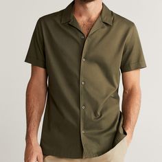 Mango | Olive Men's Short-Sleeve Button Up Shirt (Size: Small) -Brand: Mango Mng -Mens Cut -Lightweight -Button Up Top -Short Sleeve Top -Soft -Collar -Front Button Up -No Pockets -Size: Small -Color: Olive Green -Pit To Pit: 18" -Length: 27.5" Sleeves: 9" -Material: 55% Lyocell / 45% Cotton -Machine Wash -Nwt: New With Tag Fast Shipping, Fast Response, Quality! Classic Green Collared Short Sleeve Shirt, Classic Green Short Sleeve Shirt, Short Sleeve Khaki Shirt With Buttons, Khaki Short Sleeve Button-up Shirt, Khaki Button-up Shirt With Placket, Classic Short Sleeve Shirt With Button Cuffs, Khaki Short Sleeve Shirt With Button Closure, Khaki Short Sleeve Shirt With Buttons, Green Classic Short Sleeve Shirt With Camp Collar