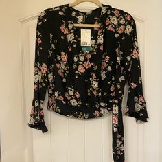 H&M Tie Blouse Brand New Never Worn H&m Long Sleeve Floral Print Tops, Casual Floral Print Blouse By H&m, Chic Floral Print Blouse By H&m, H&m Pink Blouse For Summer, Chic H&m Blouse With Floral Print, H&m Floral Print Tops For Fall, H&m Spring Pink Blouse, Casual Pink H&m Blouse, Spring Pink H&m Blouse