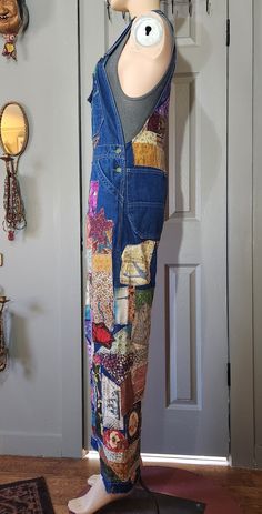 "I added more patches on top of patches and secured them down with the zigzag stitch that will lessen fraying and still have the distressed look.  Patched and distressed bib overall jeans. Vintage and new fabrics, with quilt blocks were used for the patchwork with denim peace sign patch. (I have tons of vintage fabric from my quilting days in the 70s) When washing turn the bibs inside out. The waist measures 33\" and wherever you have the adjustable straps at would determine where on the torso the waist will be. The length is 28\" but I could add more denim material to make them longer. Message me and we can talk about it! If you would like further work done on the jeans now or in the future please contact me. The jeans are used and have been washed before I worked on them and after.  Libe Vintage Denim Overalls With Patchwork, Vintage Cotton Patchwork Overalls, Festival Patchwork Overalls, Vintage Cotton Overalls, Upcycled, Vintage Patchwork Overalls, Jeans With Patches, 70s Clothes, Overall Jeans, Patched Denim