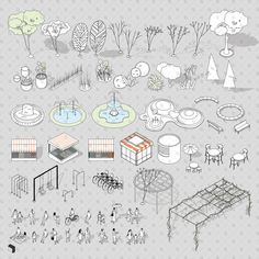 an illustrated drawing of various objects and people in the park, including trees, benches, swings