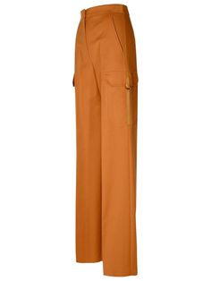 97% Cotton, 3% Elastane Tailored Full Length Wide Leg Pants With Pockets, Tailored Wide Leg Full-length Pants With Pockets, Formal Wide Leg Bottoms With Patch Pockets, Elegant Wide Leg Pants With Patch Pockets, Chic Full-length Pants With Patch Pockets, Elegant Fall Bottoms With Patch Pockets, Chic Full Length Bottoms With Patch Pockets, Brown Work Pants With Side Pockets, High-waisted Wide Leg Pants With Flap Pockets For Work