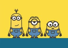 three minion characters are standing in front of a yellow background