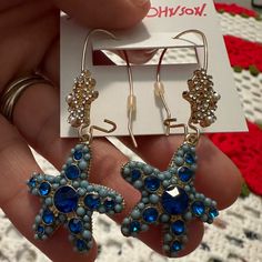 Super Cute Betsey Johnson Dangle Earrings! Nwt Never Worn Kidney Closure Earrings. Blue Starfish, Vintage Betsey Johnson, Mismatched Earrings, Heart Drop Earrings, Betsey Johnson Jewelry, Metallic Pink, Bow Earrings, Blue Gems, Purple Stones