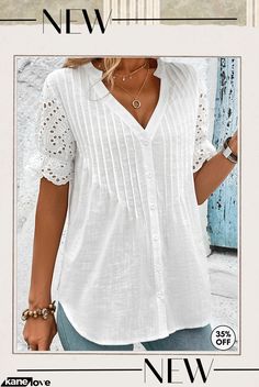 White Scalloped Hem Short Sleeve Split Neck Blouse Non-stretch Short Sleeve Blouse For Beach, White Non-stretch Beach Blouse, Vacation Blouse For Fall With Short Sleeves, Short Sleeve Blouse For Fall Vacation, Short Sleeve Blouse For Vacation In Fall, Fall Vacation Short Sleeve Blouse, Non-stretch Summer Button-up Blouse, Non-stretch Collared Summer Tops, Non-stretch Button-up Summer Blouse