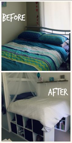 before and after photos of a bed with mosquito netting over it's headboard