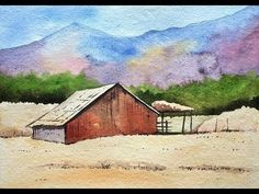 a painting of a barn in the mountains