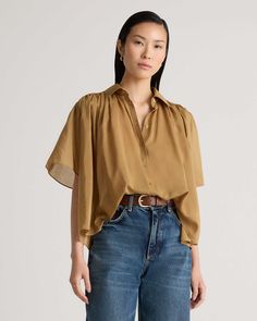 Cotton-Silk Voile Short Sleeve Blouse Chic Sheen Tops For Fall, Chic Fall Tops With Sheen, Sheer Silk Tops For Daywear, Silk Blouse For Summer Layering, Sheer Silk Tops, Sheer Silk Top For Fall, Fall Sheer Silk Top, Chic Sheer Silk Blouse, Silk Blouse With Relaxed Fit For Spring