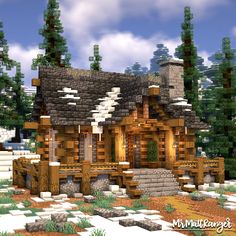 A super cute little minecraft log cabin that also has a full survival interior with storage and beds etc. Minecraft Log Cabin, Snowy Log Cabin, Minecraft Bedding, Minecraft Storage, Minecraft Farm