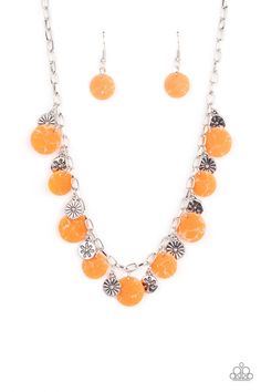 A whimsical collection of mismatched silver floral charms and orange acrylic discs swing from a silver chain, creating a vivacious fringe below the collar. Features an adjustable clasp closure.   Sold as one individual necklace. Includes one pair of matching earrings.  Ordered 3/8/2021 Orange Necklace, Paparazzi Accessories, Flower Accessories, Affordable Jewelry, Paparazzi Jewelry, Stunning Earrings, Silver Cuff, Flower Pendant, Silver Pendant Necklace