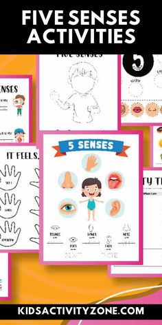 five senses activities for kids to learn with pictures and text on the front, in different colors