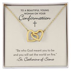 This Confirmation Necklace for Girls is a beautiful Linked Hearts necklace for any young woman who is being confirmed. This elegant Confirmation Gift allows for a beautiful way for any young woman to celebrate her Confirmation. Receiving the sacrament of Confirmation is an important day for any teen, and this this beautiful Confirmation necklace and message is the perfect gift to show your support.✦ AT A GLANCE:- Two hearts embellished with Cubic Zirconia stones, interlocked together. Cable chai Sacrament Of Confirmation, Confirmation Necklace, Catherine Of Siena, St Catherine Of Siena, Necklace For Girls, St Catherine, Hearts Necklace, Confirmation Gifts, Catholic Gifts