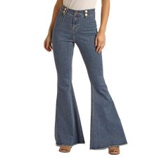 Women's Double Button High Rise Bell Bottom Jeans | Rock & Roll Denim Fitted Flare Jeans With Button Closure, Chic Full Length Flare Jeans With Button Closure, Chic Spring Flare Jeans With Buttons, Chic Denim Flare Jeans With Buttons, Fall High Waist Flare Jeans With Button Zip Fly, Trendy Denim Blue Flare Jeans With Buttons, Trendy Fitted Flare Jeans With Buttons, Trendy Flared Bottoms With Button Closure, Trendy Flare Bottoms With Button Closure