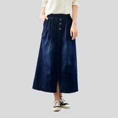 Introducing the 2023 Spring-Summer Collection's folded waist long denim skirt ââ‚?a perfect blend of established y2k style and contemporary chic!Why This Skirt is the Ultimate Y2K DreamThis classic A-line fit is crafted with a dark-wash torn denim. capturing that effortless vintage appeal. With its tall-waisted. rubber closure design. this skirt is patterned for maximum comfort and style. Plus. its pleats add a touch of sophistication for a conventional look that can be dressed up or down.Key Hi Dark Wash High Waist Cotton Skirt, Casual Long Denim Skirt, Non-stretch Cotton Denim Skirt With Pockets, Spring Full-length Baggy Skirt, Non-stretch High Rise Cotton Denim Skirt, Non-stretch High-rise Cotton Denim Skirt, Baggy Full-length Skirt For Spring, High Waist Denim Blue Cotton Skirt, Denim Blue Midi Skirt With Pockets