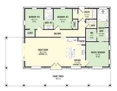 the floor plan for a two story house with three bedroom and an attached kitchen area