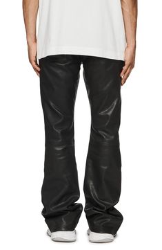 These flared pants crafted from smooth bonded leather instantly elevate your night-out options. 33" inseam, 18" leg opening; 10" front rise; 15" back rise (size 29) Button fly Front scoop pockets; back patch pockets Leather/synthetic Professional leather clean Imported Asian Owned/Founded Flare Leather Pants For Night Out, Flared Leather Pants For Night Out, Leather Bottoms For Streetwear With Straight Leg, Leather Straight Leg Bottoms For Streetwear, Leather Bottoms Straight Leg For Streetwear, Leather Straight Leg Pants For Night Out, Streetwear Wide Leg Faux Leather Pants, Straight Leg Leather Bottoms For Streetwear, Faux Leather Wide Leg Pants For Streetwear