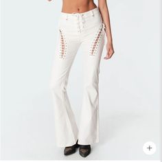 Size: Xs Never Worn White Flare Pants, Olive Green Jumpsuit, White Flared Jeans, Red Flare, White Playsuit, White Flares, High Waisted Flare Jeans, High Waisted Flares, White Halter Maxi Dress