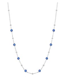 Sterling Silver Simulated Blue Sapphires Necklace measures 16"-18" Adjusted by extension chain Blue Round Chain Necklace, Blue Clavicle Chain Necklaces With Round Beads, Blue Necklaces With Clavicle Chain And Round Beads, Blue Beaded Collar Necklaces, Sapphire Necklace With Adjustable Chain, Blue Round Chain Jewelry, Elegant Blue Necklace With Satellite Chain, Blue Jewelry With Round Beads Chain, Blue Jewelry With Round Bead Chains