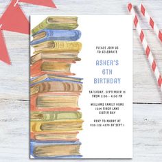 a birthday party card with books on it