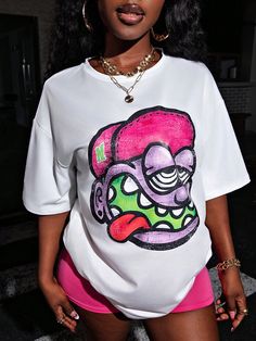 Women's Round Neck Short Sleeve Printed T-Shirt, Casual Wear , Women Top White Casual  Half Sleeve Knitted Fabric Animal,Cartoon,Colorblock,Figure,Halloween,Letter,Plants  Slight Stretch  Women Clothing, size features are:Bust: ,Length: ,Sleeve Length: Animal Cartoon, Inspiration Mode, Casual Top, White Casual, Maternity Bag, Half Sleeves, All Fashion, Women Clothing, Womens Tees