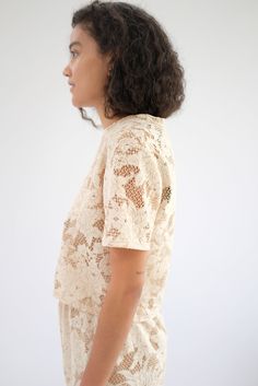 Japanese lace fabric, boxy fit. Runs true to size. Model is wearing size small/medium. 100% Japanese poly lace. Total length from shoulder to hem is 19". ﻿Back ordered, shipping May 6th. Made in the California. Lace Tshirt, Lace Fabric, Lace Top, California, Lace, Women's Top, Fabric, How To Wear, T Shirt