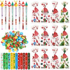 various christmas themed items including candy, pens and pencils are shown in this image