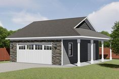 this is a computer rendering of a small garage with a porch and attached carport