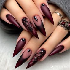 Vampire Nails, Witchy Nails, Maroon Nails, Gothic Nails, Goth Nails, Stiletto Nails Designs, Burgundy Nails, Dark Nails, Nagel Inspo