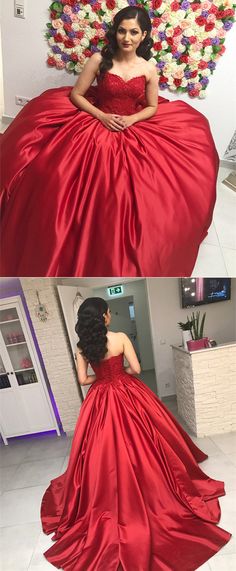 Amazing Lace Sweetheart Red Satin Ball Gown Wedding Dresses 2018 Quinceanera Gown With Sweetheart Neckline And Sweep Train, Quinceanera Gown With Sweep Train And Sweetheart Neckline, Red Sweetheart Neckline Dress For Debutante Ball, Red Bridesmaid Ball Gown, Elegant Sleeveless Quinceanera Dress For Debutante Ball, Elegant Quinceanera Dress With Corset Back And Fitted Bodice, Red Sweetheart Neckline Dress For Quinceanera, Elegant Gown With Sweep Train For Quinceanera, Floor-length Satin Dress For Quinceanera