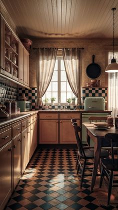 a kitchen with black and white checkered flooring next to a stove top oven