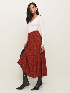 Wear the skirt. Shop the Claire Skirt from Reformation, a mid-rise maxi skirt with a full and flowy skirt. Reformation Skirt, Extra Dresses, Outfit Edit, Peasant Skirt, Skirt Jumpsuit, Skirt Belt, Cape Dress, Sweater Dress Women, Mens Scarves