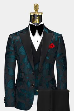 Teal Tuxedo, Creative Black Tie, Teal Suit, Tuxedo Prom, Floral Suit, Custom Tuxedo, Teal Pattern, Black Tie Attire, Prom Tuxedo