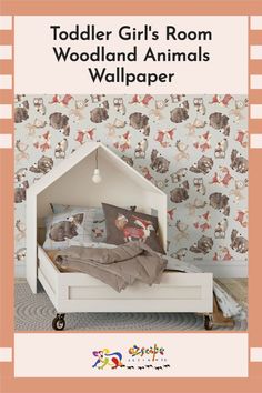 a child's room with an animal wallpaper and bed in the corner,