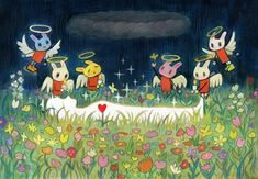 an image of three angels in the sky above some flowers and grass with hearts on them