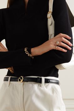 Gucci's 'Blondie' waist belt is punctuated with the brand's iconic, interlocking 'GG' emblem in polished gold-tone hardware. It's been made in Italy from supple leather in classic black. Ferragamo Belt Women Outfit, Gucci Belt Outfit Classy, Gucci Aesthetic Outfit, Black Belt Outfit, Classic Belts, Gucci Belt Outfit, Ferragamo Belt, Hydrangea Painting, Gg Belt