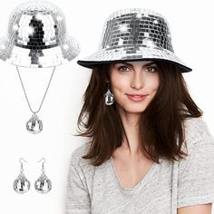 New Disco Mirror Diva Bucket Hat *Earring * Necklace Set *Graduation * Party * 100% Polyester Imported No Closure Hand Wash Only *This Mirror Disco Bucket Hat Will Bring Sparkle To Your Night! Unique Design Makes You More Attractive, Shiny Rhinestones Stick On The Empty Bucket Hat One By One, Looks Charming In The Sun. At The Same Time, These Mirror Glitter Bucket Hats Will Produce Different Glows When Colliding With Light. *Not Only Will You Receive A Disco Bucket Hat But Also A Pair Of Mirrore Disco Style Silver Jewelry For Party, Trendy Mini Hats For Summer Party, Adjustable Party Jewelry, Adjustable Costume Hats And Headpieces For Parties, Silver Jewelry For Party And Holiday, Silver Jewelry For Party And Holiday Season, Silver Jewelry For Holiday Parties, Silver Holiday Party Jewelry, Adjustable Silver Party Hat