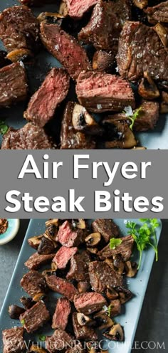 air fryer steak bites on a plate with mushrooms and parsley in the background