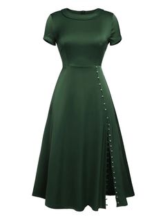 1940s Pearl Buttons Solid Darlene Dress – Retro Stage - Chic Vintage Dresses and Accessories Retro Stage, Side Dress, Retro Beauty, Something Wicked, Standard Dress, Split Skirt, Statement Dress, 1940s Dresses, Vestidos Vintage