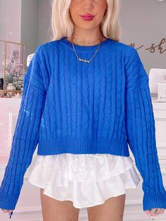 Berry Blue Sweater | Sassy Shortcake Blue Cable Knit Crew Neck Sweater, Blue Cable Knit Sweater With Crew Neck, Blue Cable Knit Sweater For Layering, Blue Cable Knit Top For Spring, Blue Chunky Knit Crew Neck Top, Preppy Clothes Aesthetic, Sassy Shortcake, Preppy Clothes, Christmas Clothes