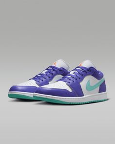 Low-top but never low profile, fresh colors give you an updated AJ1 without losing its iconic silhouette and familiar feel. Made with premium leather, this all-time favorite comes decked out with comfortable Nike Air cushioning and subtle design details (check out that embroidered heel) to give you a staple sneaker with a modern look. Shown: Psychic Purple/White/Cone/Hyper Jade Style: HJ9013-550 Staple Sneakers, Jordan Low, Embroidered Heels, Air Jordan 1 Low, Jordan 1 Low, Air Jordan 1, Jordan 1, Psychic, Low Profile