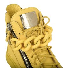 Guaranteed authentic Giuseppe Zanotti mens yellow leather high top sneakers.Yellow 'chain' detail across ankle. Zip detail along sides and rear of shoe. Silver logo plaque in front. Comes with signature box. Sneakers have light wear - see images.final saleSIZE 43.5USA SIZE 10.5CONDITION: EXCELLENT Leather High Tops, Silver Logo, Yellow Leather, Nike Air Force Sneaker, Giuseppe Zanotti, Men's Sneakers, High Top, Top Sneakers, Bucket Bag