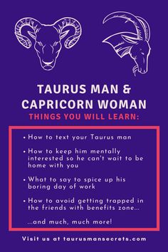 the zodiac sign for taurus man and capricorn woman is shown in this poster