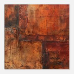 an orange and brown abstract painting with lots of rust on the surface, including squares