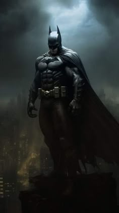 a batman standing on top of a building in the middle of a storm filled sky