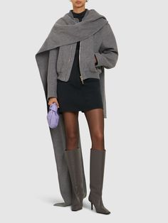 Front zip closure. Ribbed hem. Two side pockets. Lined. Model is wearing a size40 Versace Brand, Flat Espadrilles, Jeans Jumpsuit, Swim Accessories, Shearling Jacket, Heeled Loafers, Grey Women, Ski Wear, Gray Jacket