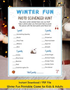 "Winter Photo Scavenger Hunt Printable Game | Winter Activity for Kid & Adult | Winter Game | Office Party game | Christmas | Holiday Party, Instant Download, PDF This Winter Photo Scavenger Hunt Printable Game is an excellent activity for adults and kids. It is a fun activity and party game you can shine the party! Throw a party with this fun and easy printable game! NO PHYSICAL PRODUCT WILL BE SHIPPED ★ WHAT YOU GET ★ -Winter Photo Scavenger Hunt Printable Game <2 PDF Files> Each File with Whi Kids Christmas Party Target, Office Christmas Party Games, Neighborhood Scavenger Hunt, Holiday Luncheon, Dinner 2023, Christmas Pajama Party, Scavenger Hunt Printable, Game Office, Office Party Games